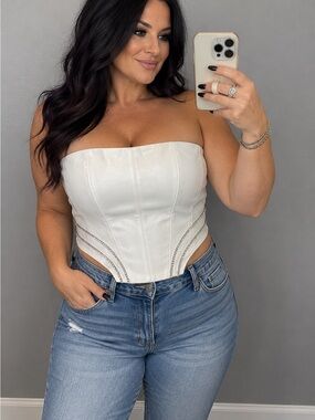 Missguided White Diamante Corset Top XL | Shimmer Faux Leather Partywear Bustier